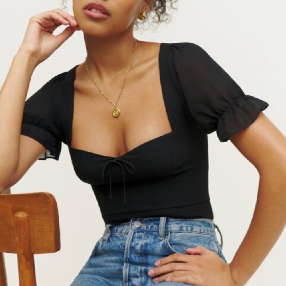 Reformation Black Delevan Square Neck Short Sleeve Top - Picture 3 of 6